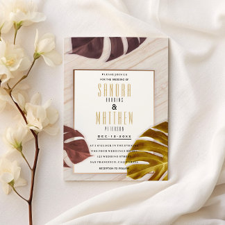 Gold burgundy rose gold marble tropical Wedding Invitation