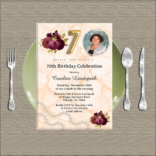 Gold & Burgundy Roses 70th Birthday  Invitation