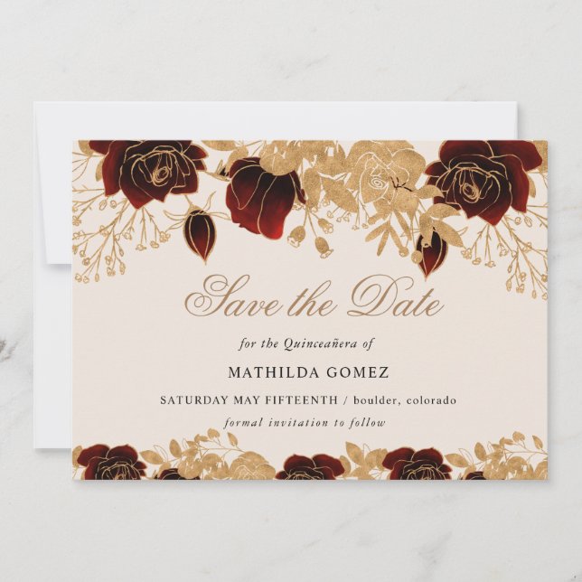 Gold Burgundy Roses Quinceañera save the date  Invitation (Front)