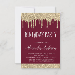 Gold Burgundy Sparkle Glitter Any Age Birthday Invitation
