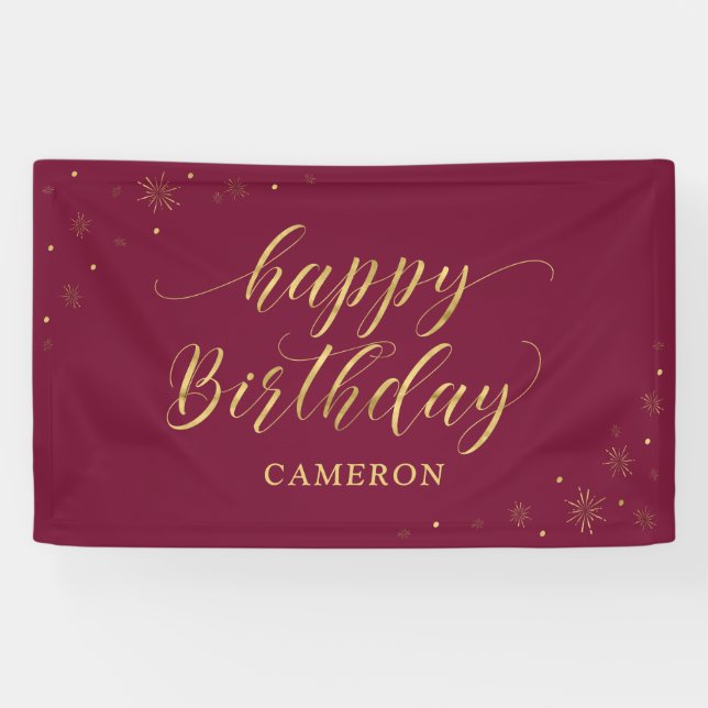 Gold & Burgundy | Sparkle Happy Birthday Party Banner (Horizontal)