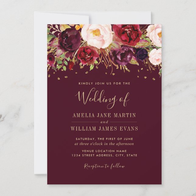 Gold Burgundy Sparkling Marsala Wedding Invitation (Front)