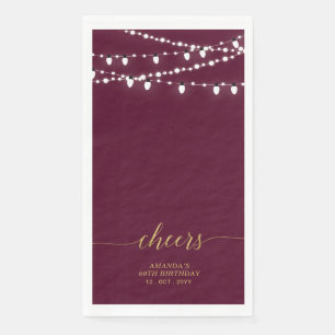 Gold Burgundy String Lights Lettering Cheers Napkin