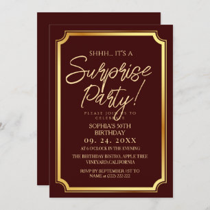 Gold & Burgundy Surprise 50th Birthday Party Invitation