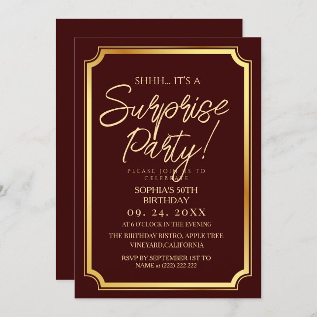 Gold & Burgundy Surprise 50th Birthday Party Invitation (Front/Back)