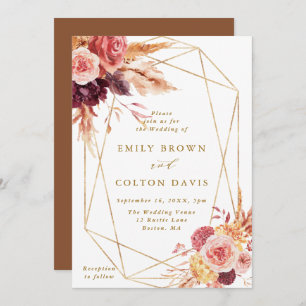 Gold Burgundy Terracotta Flower Geometric Wedding Invitation
