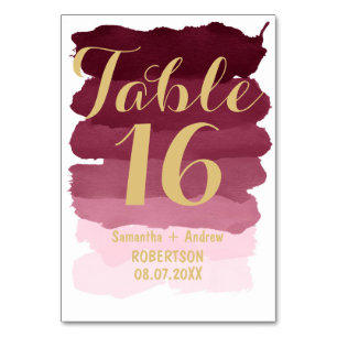 gold burgundy watercolor ombre table number