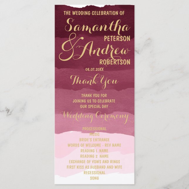 Gold burgundy watercolor ombre Wedding Program Programme (Front)