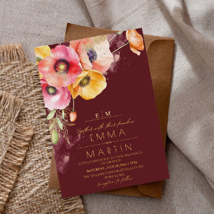 Gold & Burgundy Watercolor Poppies Floral Wedding