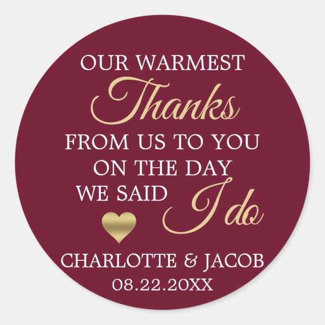GOLD Burgundy Wedding Heart Warmest Thanks Classic Round Sticker (Front)