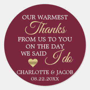 GOLD Burgundy Wedding Heart Warmest Thanks Classic Round Sticker