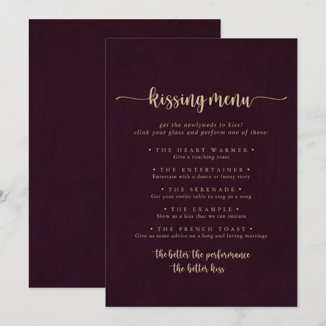 Gold Burgundy Wedding Kissing Menu Game Card (Front/Back)