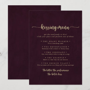 Gold Burgundy Wedding Kissing Menu Game Card