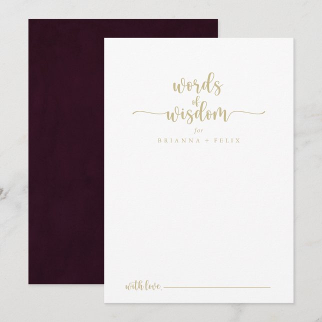 Gold Burgundy Wedding Words of Wisdom  Advice Card (Front/Back)