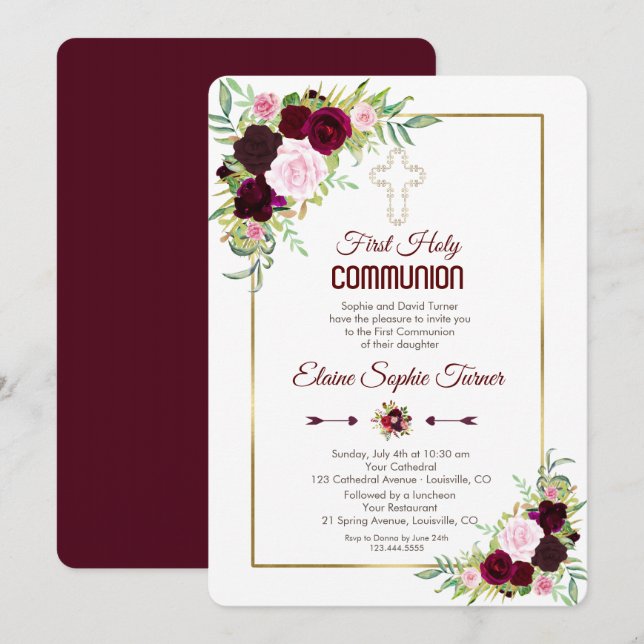 Gold Burgundy White Roses First Holy Communion Invitation (Front/Back)