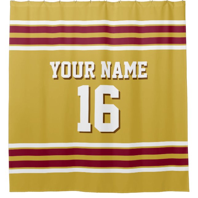 Gold Burgundy White Stripes Sports Jersey Shower Curtain (Front)