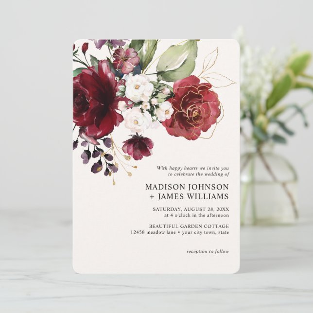 Gold Burgundy Wine Blush Floral Invitation (Standing Front)