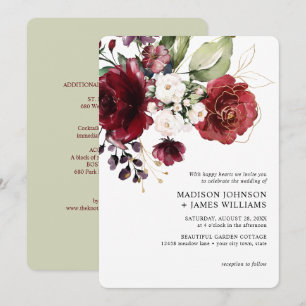 Gold Burgundy Wine Blush Floral Wedding w Details Invitation