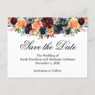 Gold Burgundy Wine Navy Blue Save the Date Postcard