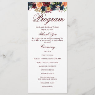 Gold Burgundy Wine Navy Floral Wedding Programs Menu