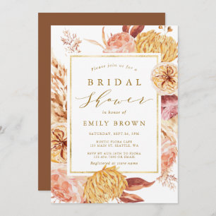 Gold Burnt Orange Terracotta Flower Bridal Shower  Invitation