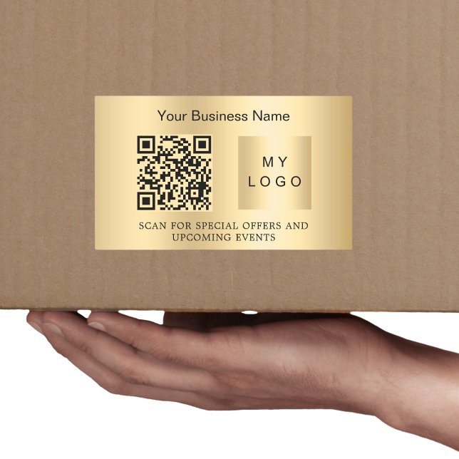 Gold business name logo qr code rectangular sticker (Creator Uploaded)
