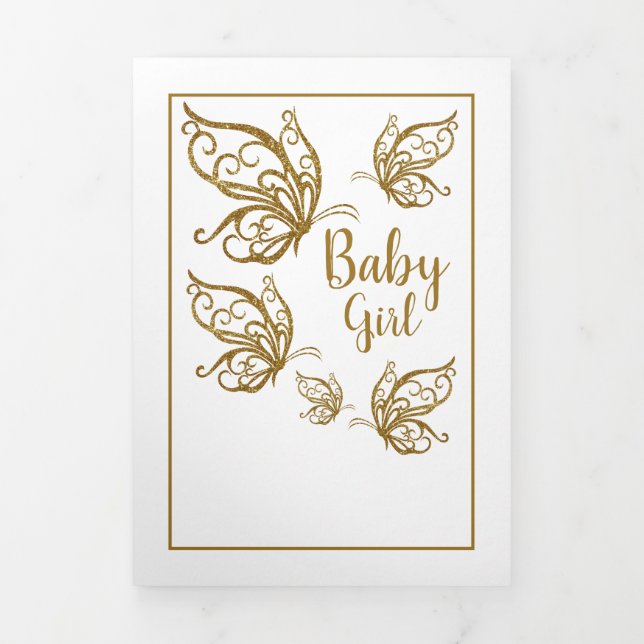 Gold Butterflies, 4 Photo Collage Baby Birth Tri-Fold Announcement (Cover)