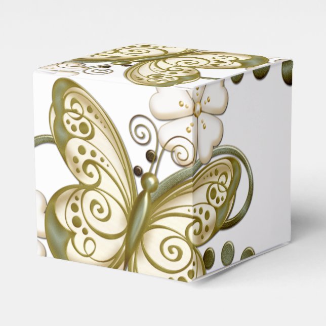Gold Butterflies Floral Cube Favour Box (Front Side)