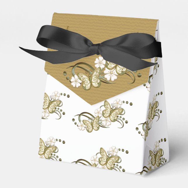 Gold Butterflies Floral Pattern Favour Box (Front Side)