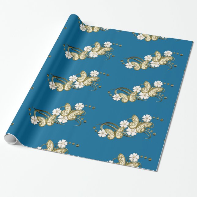 Gold Butterflies Floral Pattern Wrapping Paper (Unrolled)