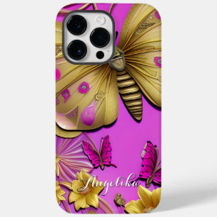 Gold Butterflies Hot Pink Personalised Name Case-Mate iPhone 14 Pro Max Case