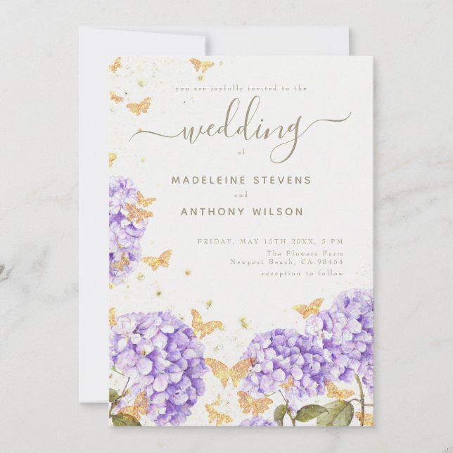 Gold Butterflies Hydrangea Rustic Elegant Wedding Invitation (Front)