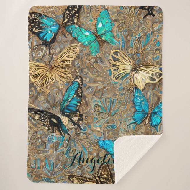 Gold Butterflies Personalised Name Sherpa Blanket (Front)