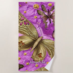 Gold Butterflies Pink Flowers Personalised Name Beach Towel
