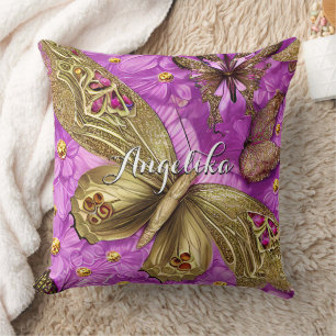 Gold Butterflies Pink Flowers Personalised Name Cushion