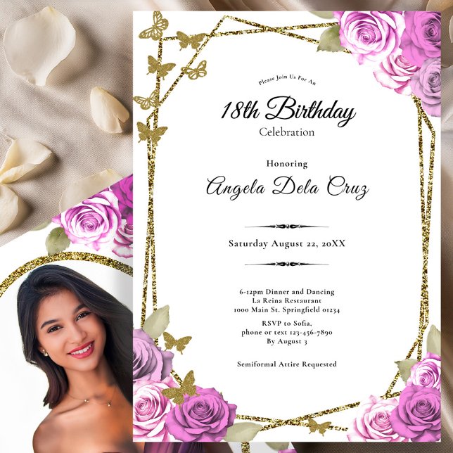 Gold Butterflies Pink Roses 18th Debut Birthday Invitation (Creator Uploaded)