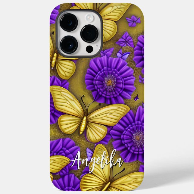 Gold Butterflies Purple Flowers Personalised Name Case-Mate iPhone Case (Back)