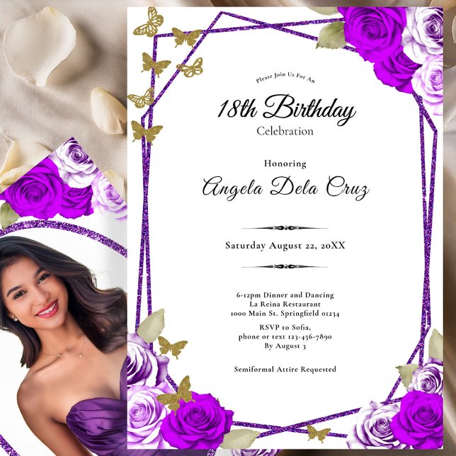 Gold Butterflies Purple Roses 18th Debut Birthday Invitation (Creator Uploaded)