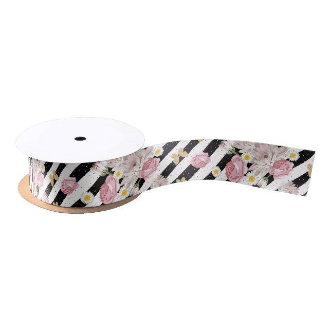 Gold Butterflies, Roses Daisies Black White Stripe Satin Ribbon (Spool)