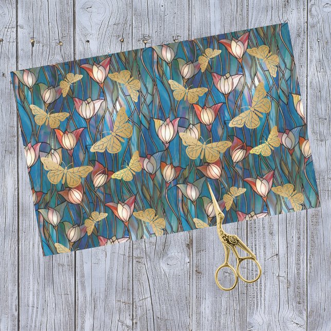 Gold Butterflies Stained Glass Art Noveau Flowers Tissue Paper (Creator Uploaded)