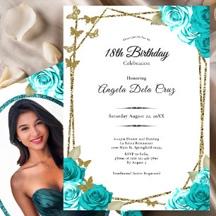 Gold Butterflies Teal Roses 18th Debut Birthday Invitation