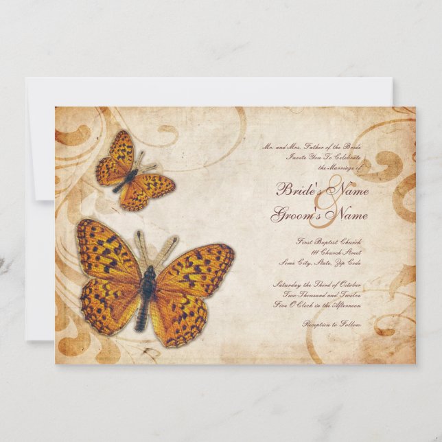 Gold Butterflies Vintage Wedding Invitations (Front)