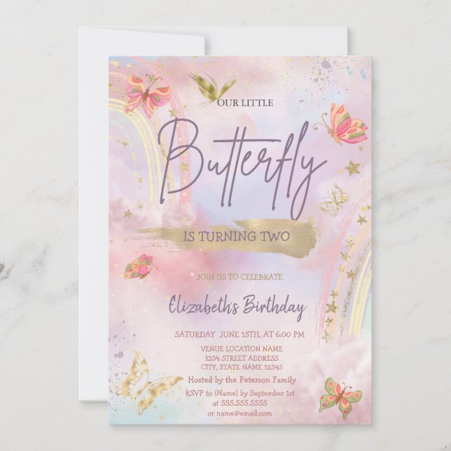 Gold Butterflies Watercolor Rainbow Birthday  Invitation (Front)