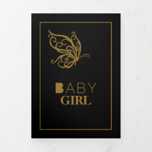 Gold Butterfly, 4 Photo Collage Baby Birth Tri-Fold Announcement