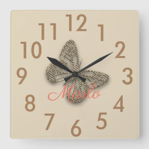 Gold Butterfly Add Name  Wall  Clock