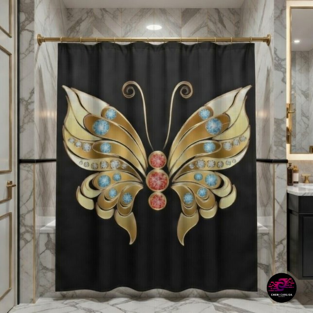 Gold Butterfly Adorned With Gems Shower Curtain (Bold black and gold butterfly shower curtain for a luxe statement bathroom ✨🦋)