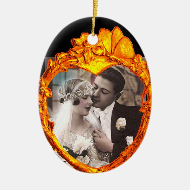 GOLD BUTTERFLY AND FLOWERS  HEART PHOTO TEMPLATE CERAMIC TREE DECORATION (Front)