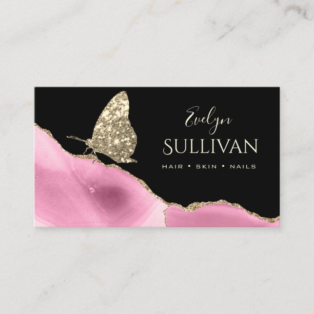 gold butterfly and pink agate on black business card (Front)