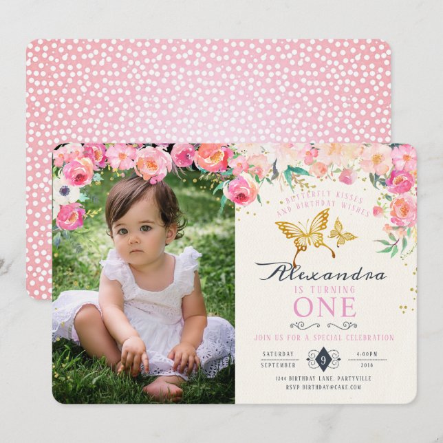 Gold Butterfly and Pink Floral Birthday Invitation (Front/Back)