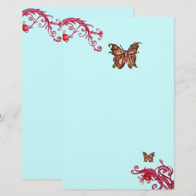 GOLD BUTTERFLY AND RED BERRIES Teal Blue Floral Stationery (Front/Back)
